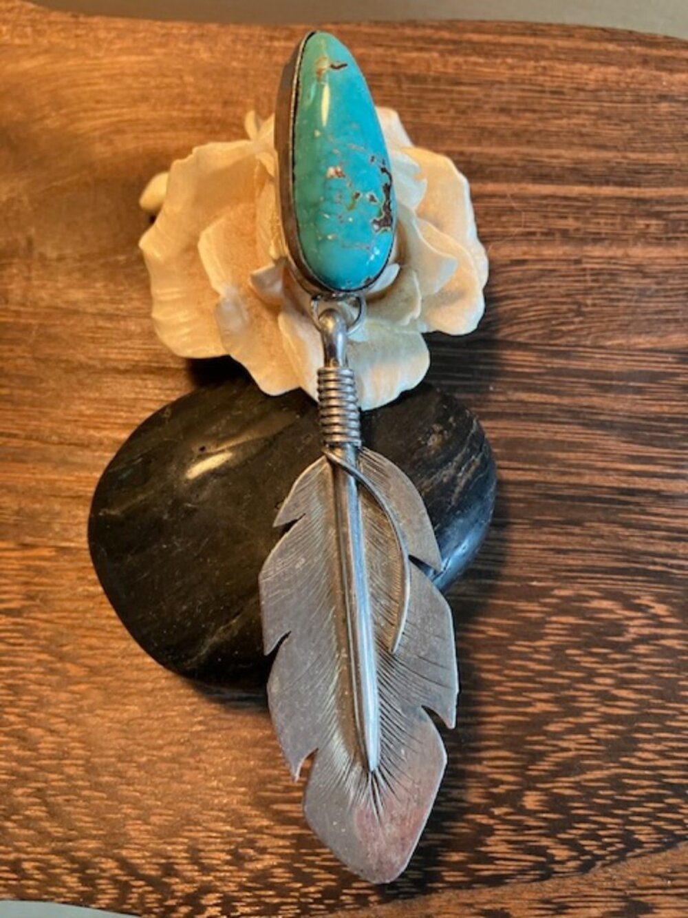 Signed Navajo Sterling Feather with Turquoise Pendant by Emma Jean Bighand